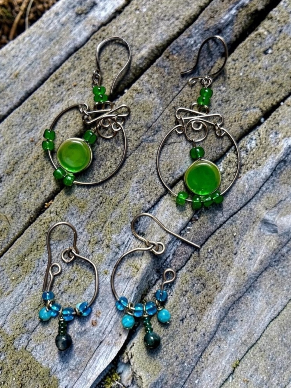 Set/2 Wire Wrapped Sterling Silver Glass Beaded Handmade Earrings